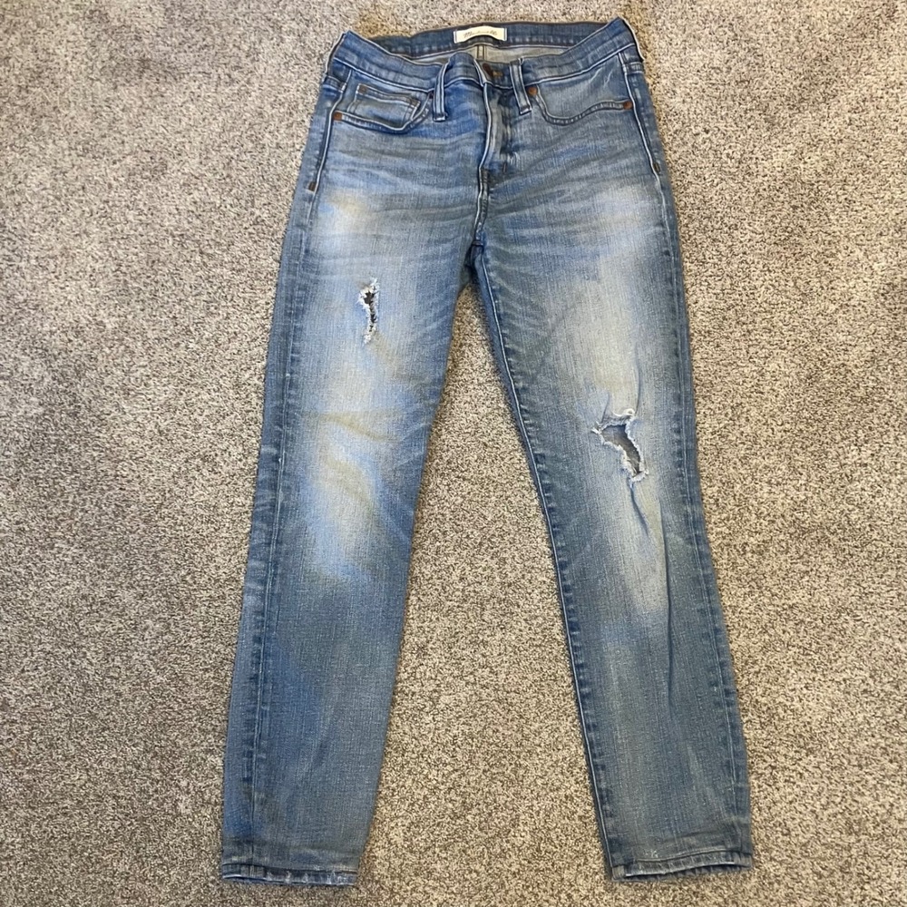 Madewell 9 Inch High Rise Skinny Jeans Light Wash Distressed Size 26 Whiskering
